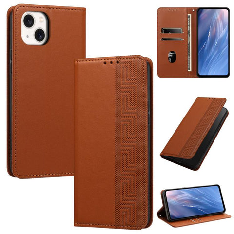 Embossed Meander Pattern RFID Vegan Leather Phone Case, For iPhone 15 Pro, For iPhone 15 Plus / 14 Plus, For iPhone 15, For iPhone 14 / 13, For iPhone 14 Pro Max, For iPhone 14 Pro