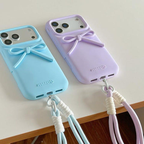 Bow TPU hybrid PC Bulge Phone Case with Lanyard, For iPhone 16, For iPhone 15 Pro Max, For iPhone 15 Pro, For iPhone 15 Plus, For iPhone 15, For iPhone 14 Plus