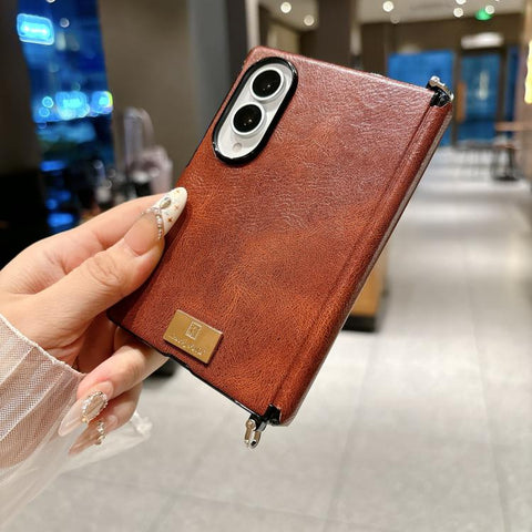 Side Buckle Axis Magnetic Crazy Horse Pattern Nameplate Phone Case With Diy Fabric Chain, For Galaxy Z Fold8 5G
