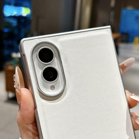 Nameplate Silver Edged Morandi Solid Color Leather Textured Phone Case, For Galaxy Z Fold8 5G