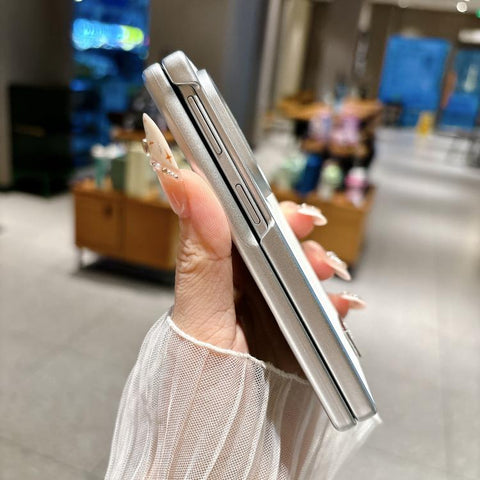 Nameplate Silver Edged Morandi Solid Color Leather Textured Phone Case with Wrist Strap, For Galaxy Z Fold8 5G