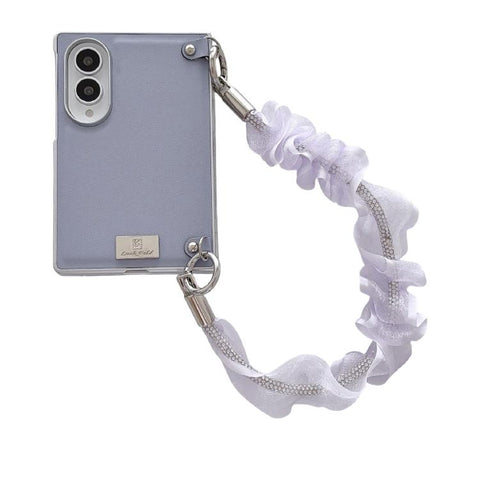 Nameplate Silver Edged Morandi Solid Color Leather Textured Phone Case with Wrist Strap, For Galaxy Z Fold8 5G