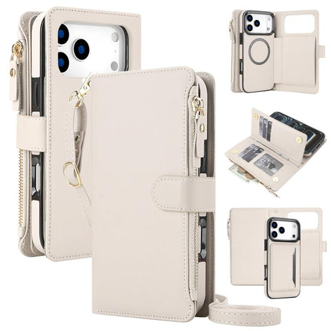 KLT-033 Detachable 2 in 1 Zipper Wallet Magnetic Phone Case with Lanyard, For iPhone 18 Pro, For iPhone 18 Pro Max, For iPhone 17e / 16e, For iPhone 17 Pro Max, For iPhone 17 Pro, For iPhone 17