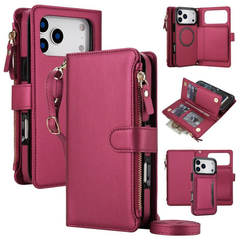 KLT-033 Detachable 2 in 1 Zipper Wallet Magnetic Phone Case with Lanyard, For iPhone 18 Pro, For iPhone 18 Pro Max, For iPhone 17e / 16e, For iPhone 17 Pro Max, For iPhone 17 Pro, For iPhone 17