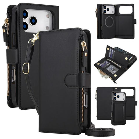 KLT-033 Detachable 2 in 1 Zipper Wallet Magnetic Phone Case with Lanyard, For iPhone 18 Pro, For iPhone 18 Pro Max, For iPhone 17e / 16e, For iPhone 17 Pro Max, For iPhone 17 Pro, For iPhone 17