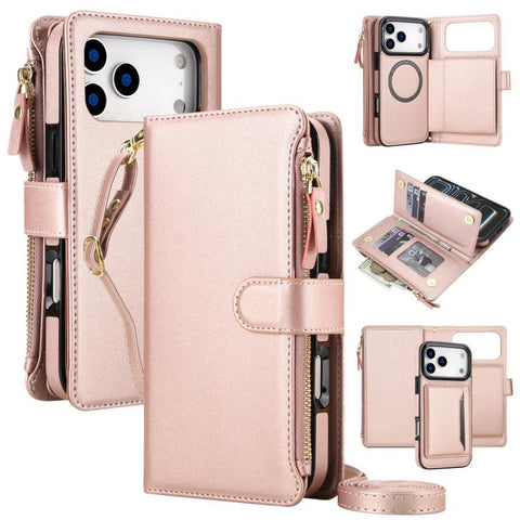 KLT-033 Detachable 2 in 1 Zipper Wallet Magnetic Phone Case with Lanyard, For iPhone 18 Pro, For iPhone 18 Pro Max, For iPhone 17e / 16e, For iPhone 17 Pro Max, For iPhone 17 Pro, For iPhone 17