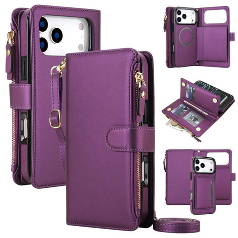 KLT-033 Detachable 2 in 1 Zipper Wallet Magnetic Phone Case with Lanyard, For iPhone 18 Pro, For iPhone 18 Pro Max, For iPhone 17e / 16e, For iPhone 17 Pro Max, For iPhone 17 Pro, For iPhone 17
