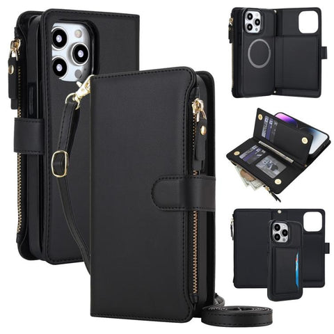 KLT-033 Detachable 2 in 1 Zipper Wallet Magnetic Phone Case with Lanyard, For iPhone Air, For iPhone 16 Pro Max, For iPhone 16 Pro, For iPhone 16 Plus, For iPhone 16, For iPhone 15 Pro Max