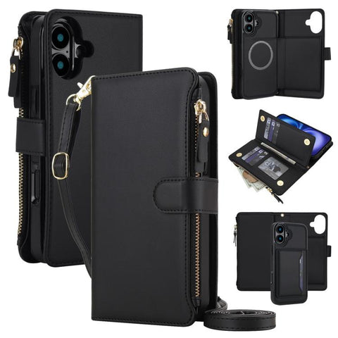 KLT-033 Detachable 2 in 1 Zipper Wallet Magnetic Phone Case with Lanyard, For iPhone Air, For iPhone 16 Pro Max, For iPhone 16 Pro, For iPhone 16 Plus, For iPhone 16, For iPhone 15 Pro Max
