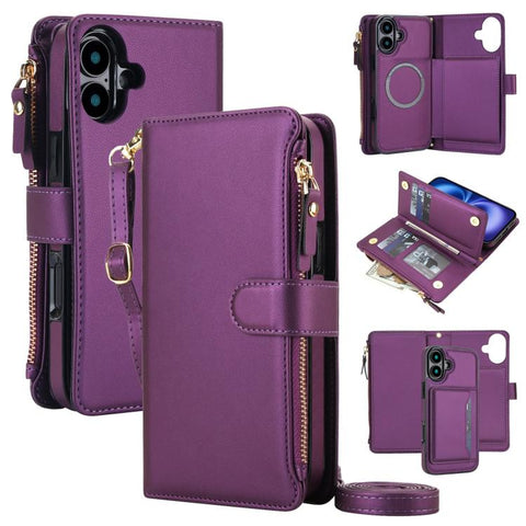 KLT-033 Detachable 2 in 1 Zipper Wallet Magnetic Phone Case with Lanyard, For iPhone Air, For iPhone 16 Pro Max, For iPhone 16 Pro, For iPhone 16 Plus, For iPhone 16, For iPhone 15 Pro Max