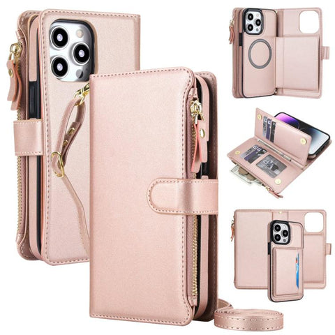 KLT-033 Detachable 2 in 1 Zipper Wallet Magnetic Phone Case with Lanyard, For iPhone 15 Pro, For iPhone 15 Plus / 14 Plus, For iPhone 15, For iPhone 14 / 13, For iPhone 14 Pro, For iPhone 14 Pro Max
