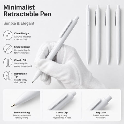 10 PCS/Pack Retractable Minimalist White Ballpoint Pen, 1.0mm Bullet Tip