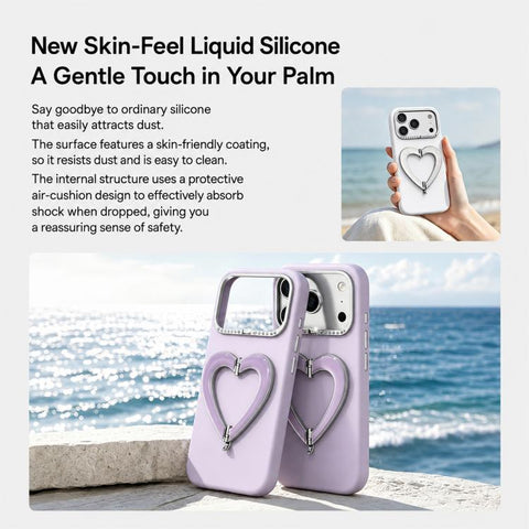 Liquid Silicone Metal Heart-Shaped Kickstand Phone Case, For iPhone 18 Pro, For iPhone 18 Pro Max, For iPhone 17 Pro Max, For iPhone 17 Pro, For iPhone 16 Pro Max, For iPhone 16 Pro