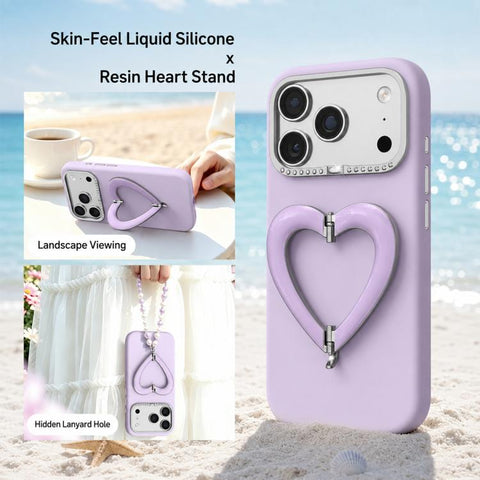 Liquid Silicone Metal Heart-Shaped Kickstand Phone Case, For iPhone 18 Pro, For iPhone 18 Pro Max, For iPhone 17 Pro Max, For iPhone 17 Pro, For iPhone 16 Pro Max, For iPhone 16 Pro