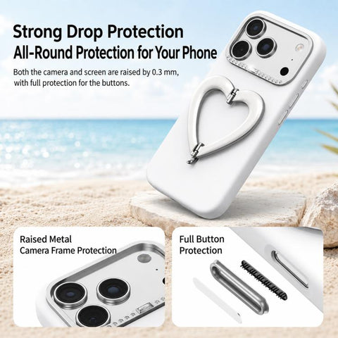 Liquid Silicone Metal Heart-Shaped Kickstand Phone Case, For iPhone 18 Pro, For iPhone 18 Pro Max, For iPhone 17 Pro Max, For iPhone 17 Pro, For iPhone 16 Pro Max, For iPhone 16 Pro