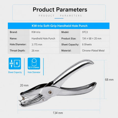 KW-TRIO Handheld Single Hole Punch, 97A0(6mm), 97B0(6mm), 97C3(3mm)