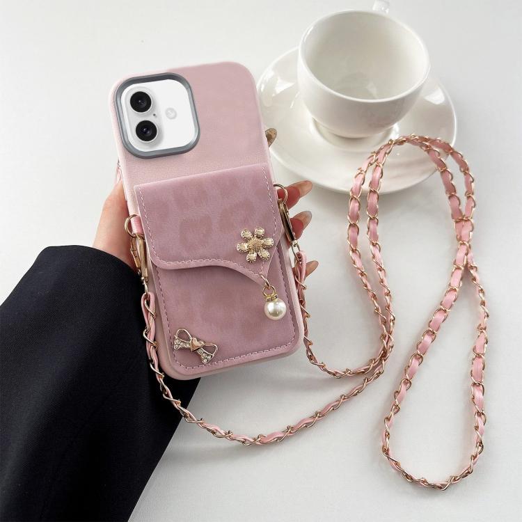 Leather Leopard Print Card Bag Phone Case with Crossbody Chain, For iPhone 16, For iPhone 15 Pro Max, For iPhone 15 Pro, For iPhone 15 Plus, For iPhone 15