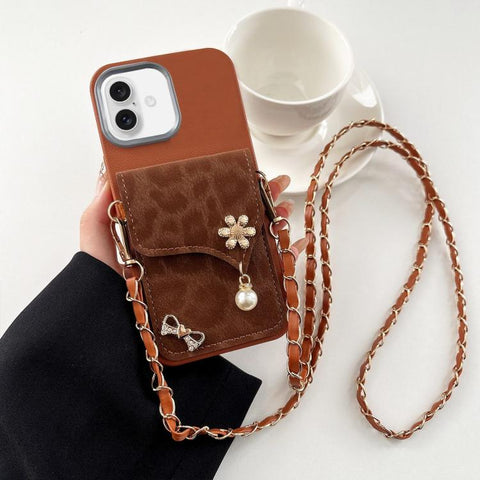 Leather Leopard Print Card Bag Phone Case with Crossbody Chain, For iPhone 16, For iPhone 15 Pro Max, For iPhone 15 Pro, For iPhone 15 Plus, For iPhone 15