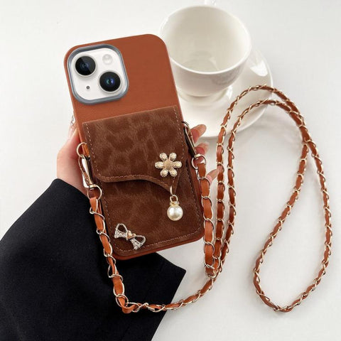 Leather Leopard Print Card Bag Phone Case with Crossbody Chain, For iPhone 16, For iPhone 15 Pro Max, For iPhone 15 Pro, For iPhone 15 Plus, For iPhone 15