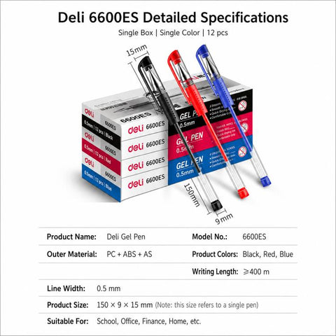 12 PCS/Set Deli 6600ES 0.5mm Bullet-tip Gel Pen Sign Pen