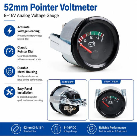 52mm High-precision Pointer-type 8-16V Voltmeter, 52mm Voltmeter