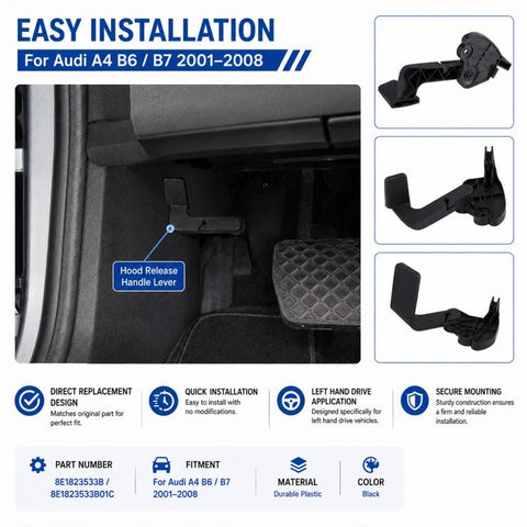 For Audi A4 B6/B7 2001–2008 Car Hood Release Handle 8E1823533B, 8E1823533B01C, Left-Hand Drive