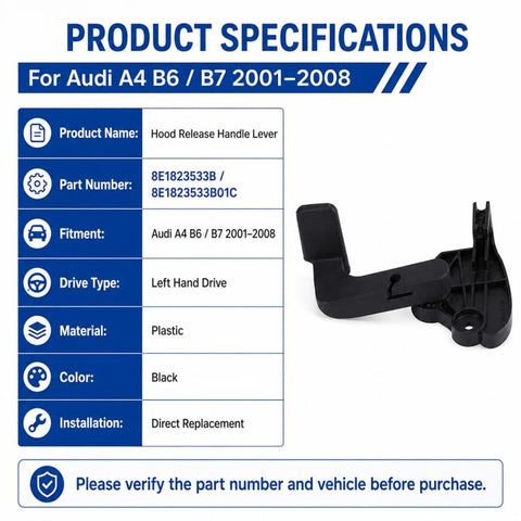 For Audi A4 B6/B7 2001–2008 Car Hood Release Handle 8E1823533B, 8E1823533B01C, Left-Hand Drive