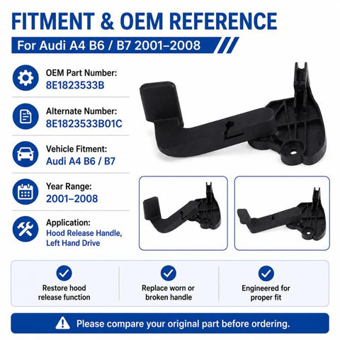 For Audi A4 B6/B7 2001–2008 Car Hood Release Handle 8E1823533B, 8E1823533B01C, Left-Hand Drive