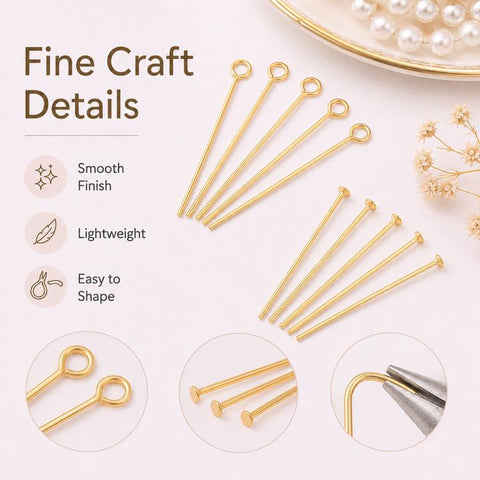 100 PCS/Pack Gold Plated Brass Bead Head Pins for DIY Charm Earrings Jewelry Making, 0.7x32mm, 0.7x35mm, 0.7x40mm, 0.7x50mm
