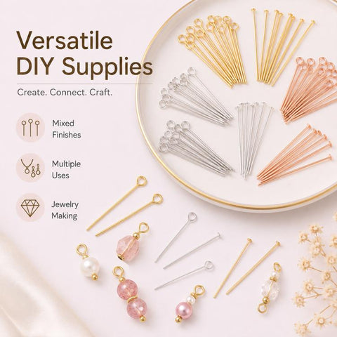 100 PCS/Pack Gold Plated Brass Bead Head Pins for DIY Charm Earrings Jewelry Making, 0.7x32mm, 0.7x35mm, 0.7x40mm, 0.7x50mm