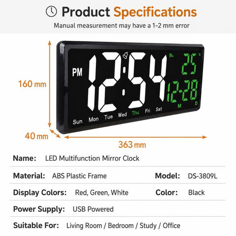 DS-3809L LED Multifunctional HD Digital Display Large Screen Electronic Clock with Remote Control