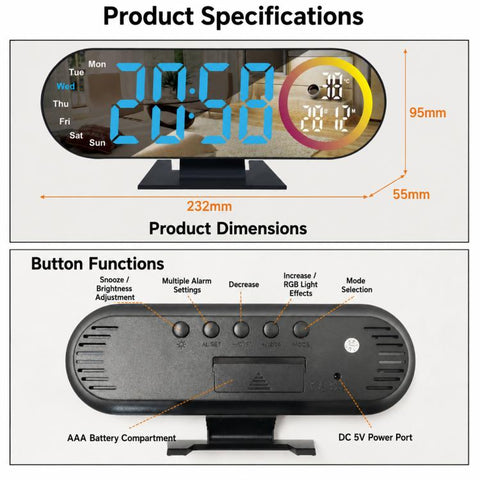 DS-3827LW Desktop Colorful Light LED Digital Display Mirror Electronic Clock