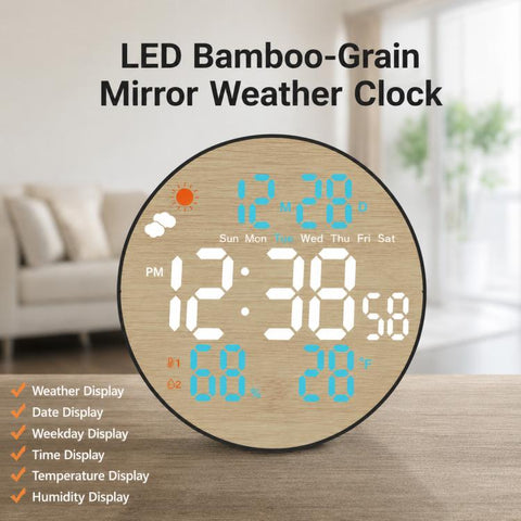DS-5853L Multifunctional Wall Clock, LED Round Bamboo Pattern Weather Display Electronic Clock