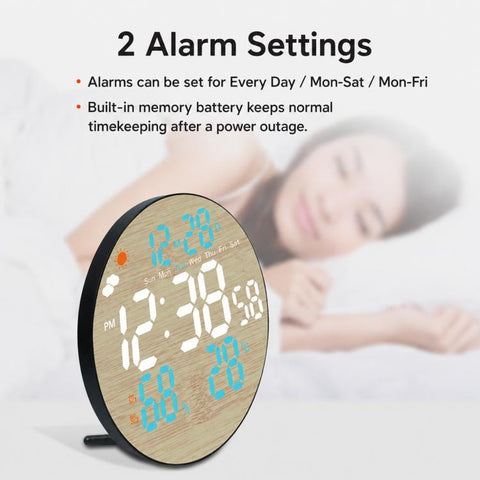 DS-5853L Multifunctional Wall Clock, LED Round Bamboo Pattern Weather Display Electronic Clock