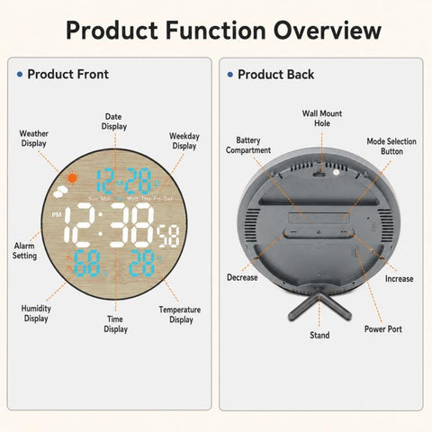 DS-5853L Multifunctional Wall Clock, LED Round Bamboo Pattern Weather Display Electronic Clock