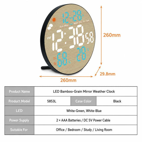 DS-5853L Multifunctional Wall Clock, LED Round Bamboo Pattern Weather Display Electronic Clock