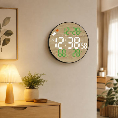 DS-5853L Multifunctional Wall Clock, LED Round Bamboo Pattern Weather Display Electronic Clock