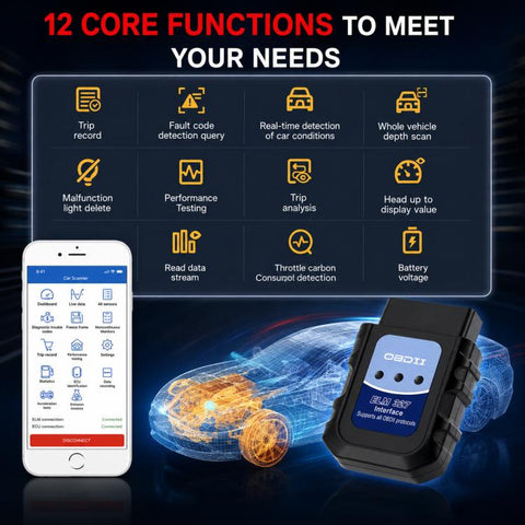 ELM 327 Car Engine Fault Diagnostic Tool, Bluetooth OBD2 Fault Detection Adapter, Blue