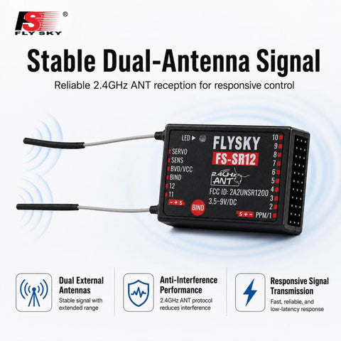 FlySky FS-SR12 12CH 2.4G Receiver Dual Antenna for RC Fixed Wing Car Boat Robot Model Toy ANT Protocol Transmitter FS-ST8, FS-SR12