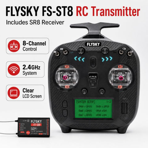 FlySky FS-ST8 LCD Screen 2.4G 8CH Transmitter for Drone / Boat / Car Model, Standard Left with SR8 Receiver, Upgraded Left with SR8A Receiver