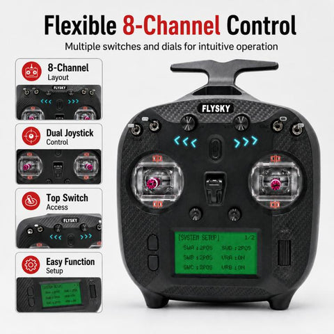 FlySky FS-ST8 LCD Screen 2.4G 8CH Transmitter for Drone / Boat / Car Model, Standard Left with SR8 Receiver, Upgraded Left with SR8A Receiver