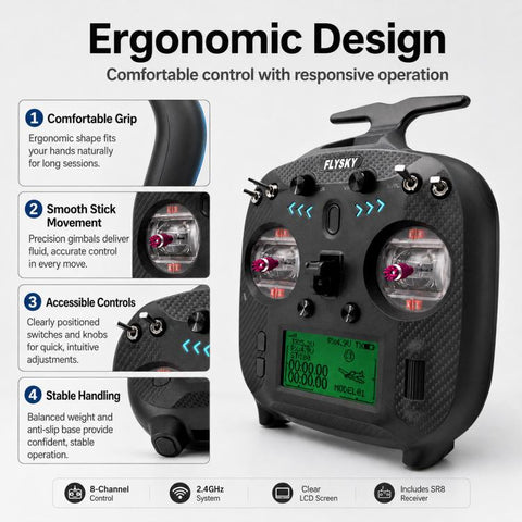FlySky FS-ST8 LCD Screen 2.4G 8CH Transmitter for Drone / Boat / Car Model, Standard Left with SR8 Receiver, Upgraded Left with SR8A Receiver