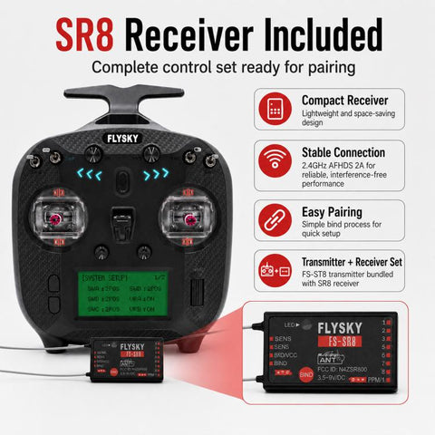 FlySky FS-ST8 LCD Screen 2.4G 8CH Transmitter for Drone / Boat / Car Model, Standard Left with SR8 Receiver, Upgraded Left with SR8A Receiver