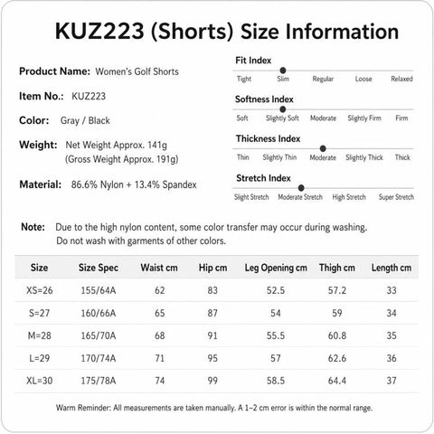 PGM KUZ223 Women Slim-Fit Quick-Dry Breathable Golf Shorts, XS, S, M, L, XL