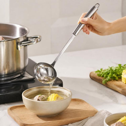 LsCook Heavy-Duty 430 Stainless Steel Kitchen Utensils, Soup Ladle, Solid Spoon, Slotted Spoon, Solid Spatula, Slotted Spatula, Skimmer, Pasta Server