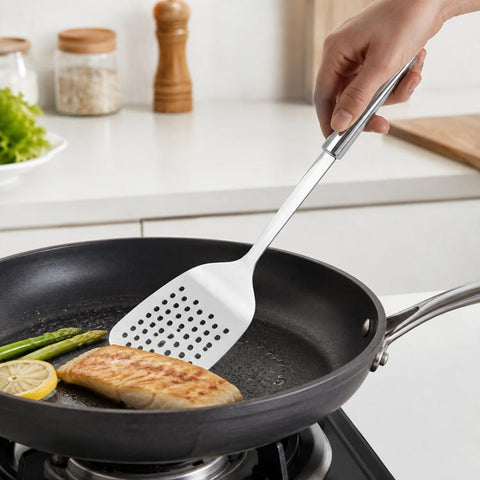 LsCook Heavy-Duty 430 Stainless Steel Kitchen Utensils, Soup Ladle, Solid Spoon, Slotted Spoon, Solid Spatula, Slotted Spatula, Skimmer, Pasta Server