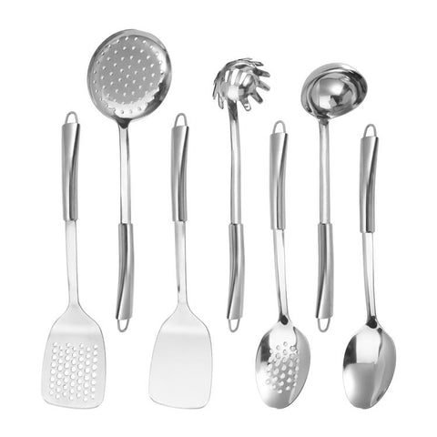 LsCook Heavy-Duty 430 Stainless Steel Kitchen Utensils, Soup Ladle, Solid Spoon, Slotted Spoon, Solid Spatula, Slotted Spatula, Skimmer, Pasta Server