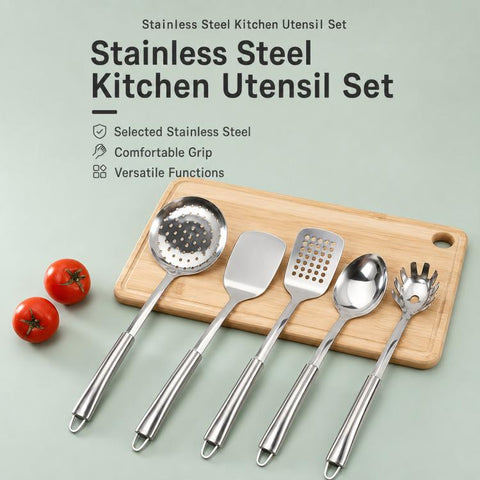 LsCook Heavy-Duty 430 Stainless Steel Kitchen Utensils, Soup Ladle, Solid Spoon, Slotted Spoon, Solid Spatula, Slotted Spatula, Skimmer, Pasta Server