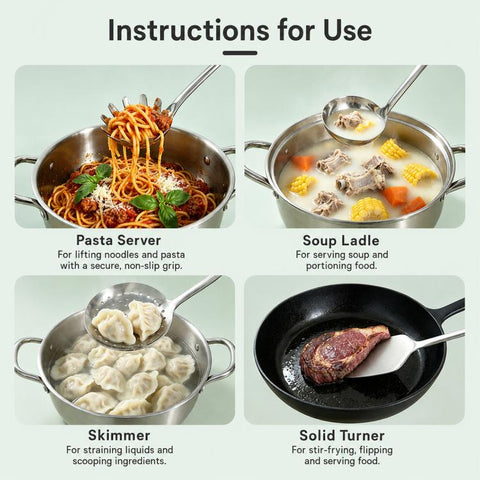 LsCook Heavy-Duty 430 Stainless Steel Kitchen Utensils, Soup Ladle, Solid Spoon, Slotted Spoon, Solid Spatula, Slotted Spatula, Skimmer, Pasta Server