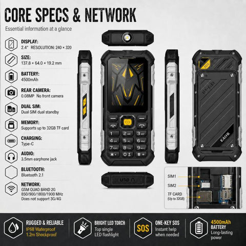 HP220X IP68 Rugged Feature Phone 2.4-inch MTK6261D CPU Supports Dual SIM 4G, 4G EU Version, 4G US Version